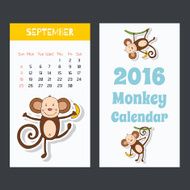 Cute kids 2016 calendar pages with a little monkey September
