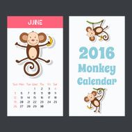 Calendar with a cute monkey icons for 2016 June