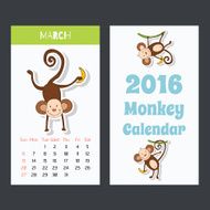 Calendar with a cute monkey icons for 2016 March