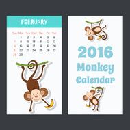 Calendar with a cute monkey icons for 2016 February