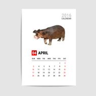 April 2016 calendar Hippopotamus polygon vector