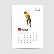 March 2016 calendar parrot polygon vector