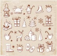 Set of vintage hand-drawn sketchy christmas elements