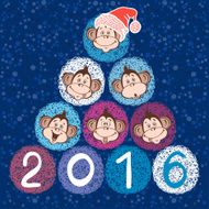 2016 new year card with cute monkeys