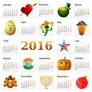 Year 2016 calendar with Holiday symbols