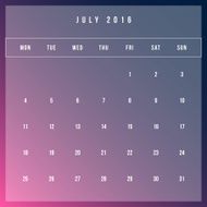 Calendar July 2016 vector design template - Minimalism Style N2