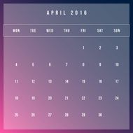 Calendar April 2016 vector design template - Minimalism Style N2