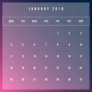 Calendar January 2016 vector design template - Minimalism Style N3