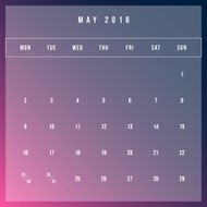 Calendar May 2016 vector design template - Minimalism Style N2