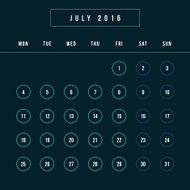 Calendar July 2016 vector design template - Minimalism Style N4