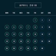 Calendar April 2016 vector design template - Minimalism Style N4