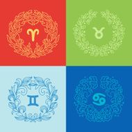 Set of four zodiac signs in outlined wreathes N3