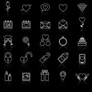 Valentine&#039;s day line icons with reflect on black