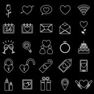 Valentine&#039;s day line icons on black background