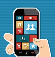 Social media elements human hand holds a smart phone UI