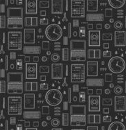 Seamless Pattern Office Supplies Flat Monochrome Lines on Black