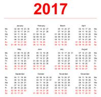 2017 Calendar template Vertical weeks First day Monday