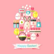 Easter Greeting Card with Flat Icons Set Egg shaped