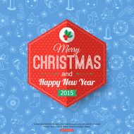 Christmas typographical label over blue seamless pattern with christmas icons