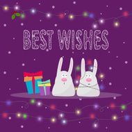 rabbits hand-drawing best wishes and lights for winter holidays card