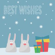 Funny winter holidays card background with cute cartoon rabbits