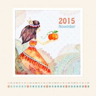 Calendar for november 2015 with girl watercolor painting