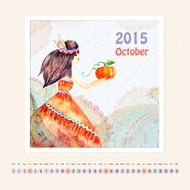 Calendar for october 2015 with girl watercolor painting