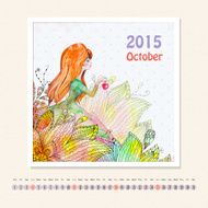 Calendar for october 2015 with girl watercolor painting N2