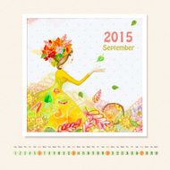 Calendar for september 2015 with girl watercolor painting