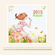 Calendar for august 2015 with girl watercolor painting