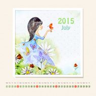 Calendar for july 2015 with girl watercolor painting