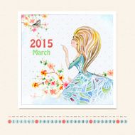 Calendar for march 2015 with girl watercolor painting