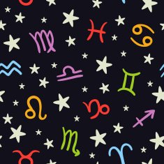Doodle seamless pattern with bright zodiac signs on dark background
