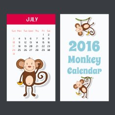 Calendar with a monkey for 2016 The month of July