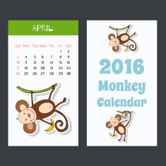 Calendar with a cute monkey icons for 2016 April