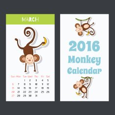 Calendar with a cute monkey icons for 2016 March