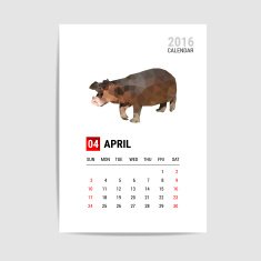 April 2016 calendar Hippopotamus polygon vector