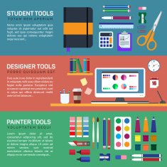 Painter and designer tools in workspace or boxes stationery