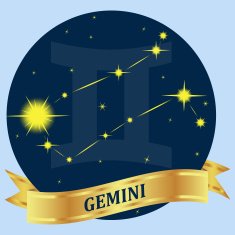 GEMINI Constellation and zodiac sign in the blue circle