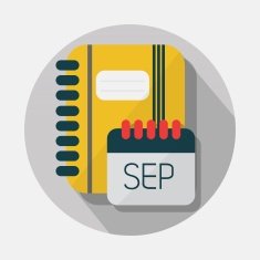 Notebook and calendar icons with long shadow on gray background
