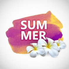 Summer label with exotic frangipani flowers on watercolor stain