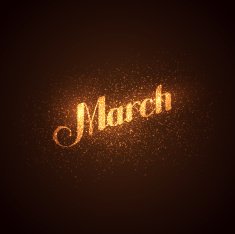 March label with glowing golden sparkles