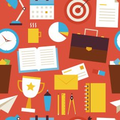 Flat Seamless Pattern Business and Office Objects over Red