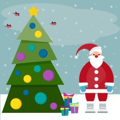 funny cartoon winter holidays background with Santa and spruce