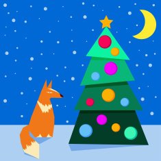 winter holidays card background with funny cartoon fox and spruce