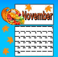 calendar for November with Thanksgiving and cornucopia