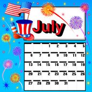 calendar for July independence day fireworks flag hat