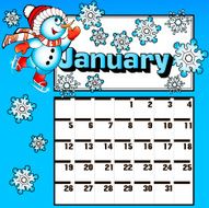 calendar for January snowman skates and snowflakes