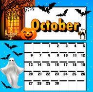 calendar for October bats and pumpkin candle holder ghost