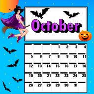 calendar for October bats pumpkin witch on a broomstick